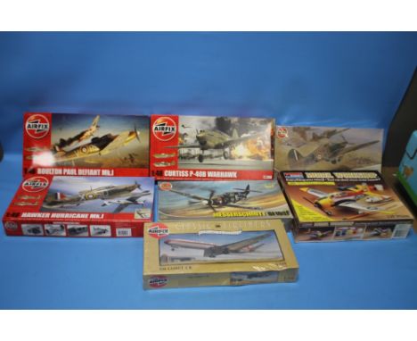 AIRFIX AEROPLANE MODEL KITS 1:48 to include skill 2 Hawker Hurricane Mk.1, x 2 Curtiss P-40B Warhawk, Boulton Paul Defiant Mk