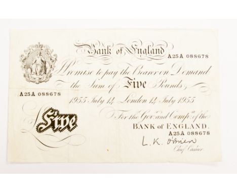 A White Five Pound Bank of England Banknote L K O'Brien Azusa 088678, London 14 July 1955 