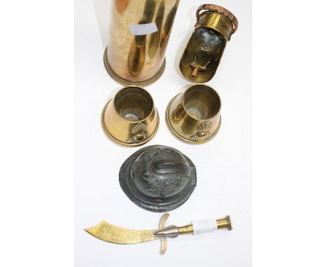 Trench Art Lot:- Six items all WW1 in date, six PRD shell case engraved with flowers and birds, etc. bullet letter opener, pa