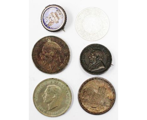 1935 Crown, 1951 Crown, William IV mounted and enamelled shilling, crown mounted, South Africa 2 shillings with pion and moth