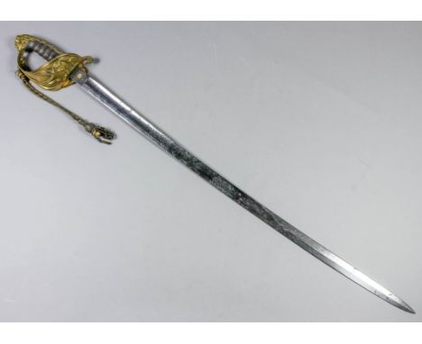 A late Victorian Naval Officer's dress sword, the 31ins blade etched with a crown over anchor and with royal cipher to revers