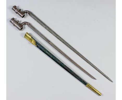 A 19th Century socket bayonet, the 18.5ins blade marked "462", complete with leather scabbard with brass fittings, 22ins over