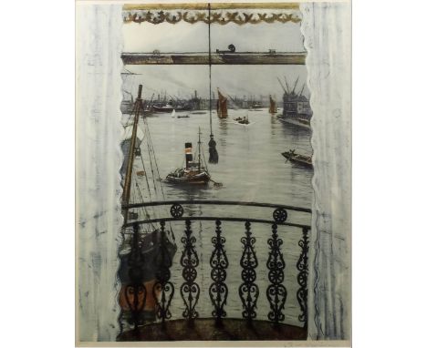 ***Christopher Richard Wynne Nevinson (1889-1946) - Colour lithograph - View across the Thames from a bedroom window with bal