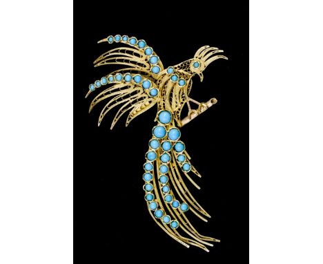 A 1950's 18ct gold turquoise set cockatiel pattern brooch, the fine filigree worked bird seated on a branch , tail and wing s