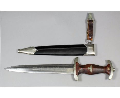 A German World War II S.A. dress dagger, the 8.5ins double edged blade marked "Gebr. Heller" and "Alles Fur Deutschland", wit