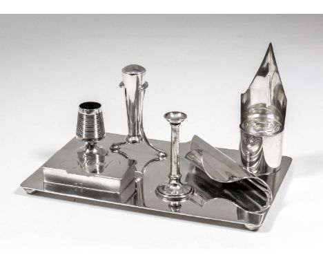 A late Victorian silver rectangular inkstand / desk tidy with nib pattern inkwell, curled page corner pattern pen rack, cylin