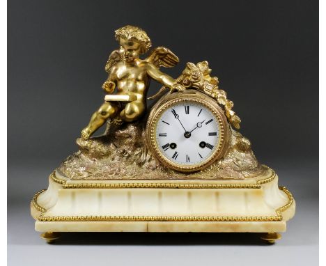 A 19th Century French gilt metal and white alabaster cased mantel clock No. 970, the 3ins diameter white enamel dial with Rom