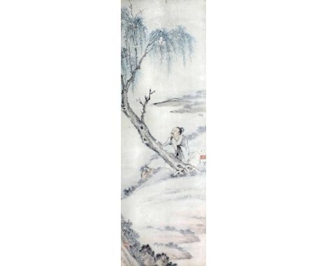 Chinese School - Pair of scroll paintings - Landscape scenes - One depicting a standing scholar with his attendant holding a 