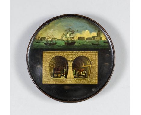 A 19th Century black papier-mache circular snuff box, the lid printed with cross-section view of the Thames Tunnel and Rother