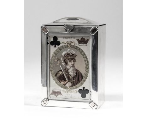 An Edward VII silver rectangular dome topped playing card box, the hinged cover opening to reveal two division pop up mechani