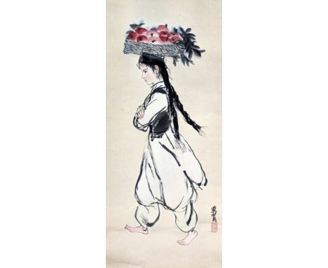 Chinese School - Scroll painting - Portrait of a standing Bijin - A beautiful woman holding a flower, 23.5ins (59.7cm) x 14.5