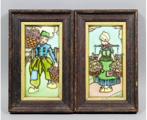 Charlotte Rhead (1885-1947) - Pair of tube lined tiles decorated with "Dutch Child Flower-Sellers", with back stamp of recumb