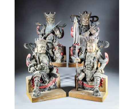 Four Chinese carved polychrome and giltwood seated figures of Guandi - the Four Diamond Kings of Heaven - Mo Li Ching, Mo Li 