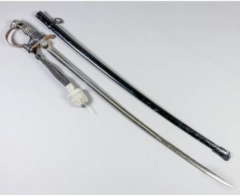 A German World War II dress sword by Eickhorn of Solingen, the 30.5ins bright steel blade with plated pea guard and gilt, wit