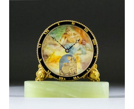 A small 1920s Continental desk/bedside timepiece, the dial painted with young lovers above a gilt Cupid automaton, the black 