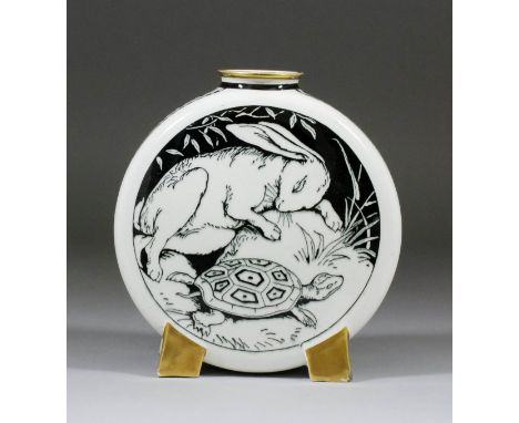 A late 19th Century pottery moon flask, both sides printed in black with Aesop's Fables after J. Moyr Smith, 6.75ins high (ci