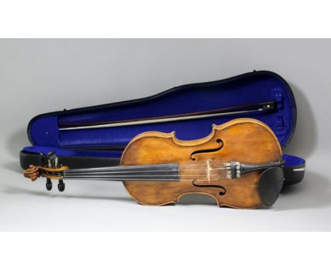 A German full size violin with two piece back (back measurement excluding button 14.25ins - 23.5ins overall), with printed pa