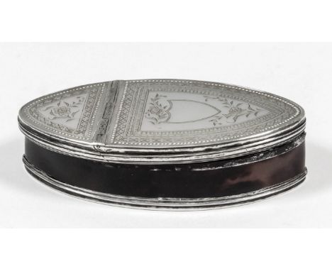 A George III mother of pearl, tortoiseshell and silver mounted navette pattern snuff box, the top engraved with blank shield 