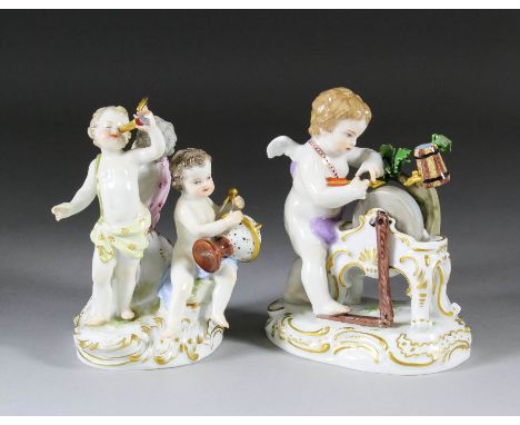 A 20th Century Meissen porcelain model of Cupid sharpening his arrow, 5ins high, and another of three putti emblematic of ast
