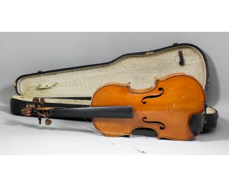 A French full size violin with two piece back (back measuring excluding button 14.25ins - 23.5ins overall), stamped "Francois