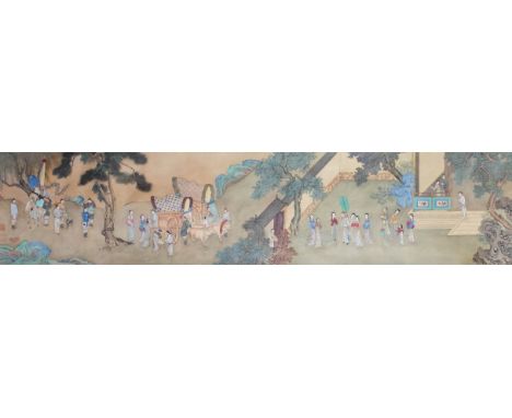 Suzhou School - Chinese silk scroll painting depicting Su Hwei, wife of Tow T'ao, 4th Century AD, in a wedding procession, 12