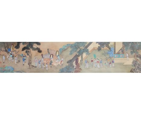 Suzhou School - Chinese silk scroll painting depicting Su Hwei, wife of Tow T'ao, 4th Century AD, in a wedding procession, 12