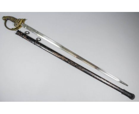A Wilhelm II German Officer's sword, with 31ins double fullered bright steel blade, the spine etched "Mohr & Speyer KGL. Hofl