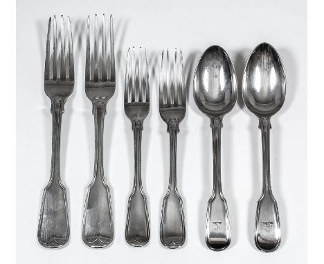 A George IV silver fiddle and thread pattern table service, comprising thirteen table forks, seven dessert forks and six dess