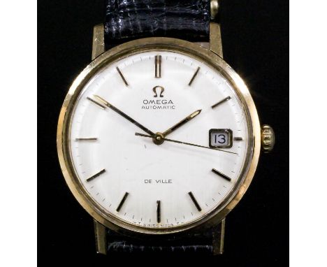 A gentleman's Omega De Ville 9ct gold cased automatic wristwatch the silvered dial with baton numerals and date aperture, and