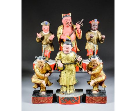 Two Chinese carved polychrome and giltwood standing figures of Tian Du Yuan Shuai - The God of Music and Drama, comprising - 