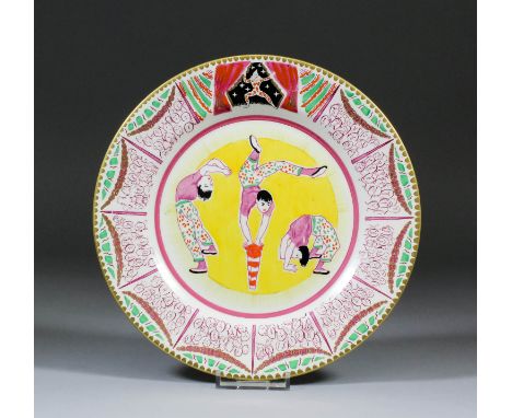 A Clarice Cliff "Bizarre" pottery plate designed by Dame Laura Knight, printed and painted with male acrobats within a circus