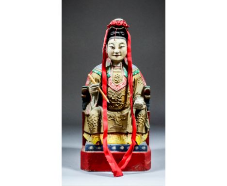 A Chinese carved, painted and giltwood seated figure of Zhu Sheng Niang Niang, Goddess of Childbirth, the lady who registers 