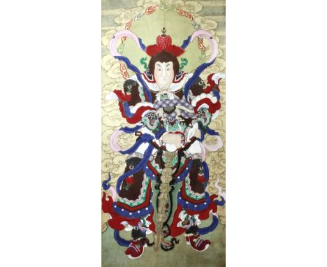 Chinese School - Watercolour on silk scroll painting - "Wei T'o" - A temple guardian model standing holding a sword, 57.5ins 