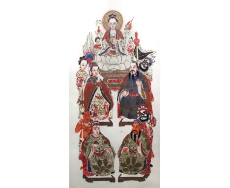 Chinese School - Coloured print - Seated figure of Guanyin and four seated gods, all with various attendants, 40ins (101cm) x
