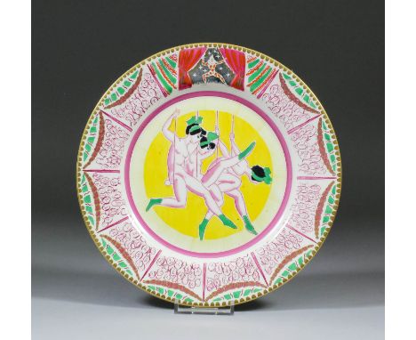 A Clarice Cliff pottery "Bizarre" plate designed by Dame Laura Knight, printed and painted with three trapeze artists within 