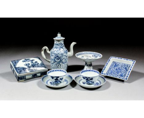 A small collection of Chinese blue and white porcelain, including - Pair of Nanking Cargo tea bowls and saucers (chipped), a 