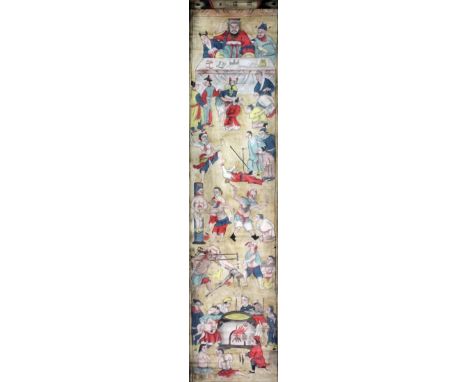 Chinese School - Scroll painting - Scene of the Judgement of Demons and Gods with a seated bearded figure and his two attenda