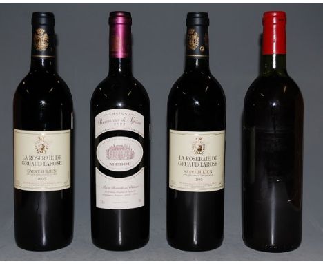 La Roseraie de Gruaud Larose 1995 Saint Julien, two bottles; Château Rousseau de Sipian 2003 Medoc, one bottle; and Château F