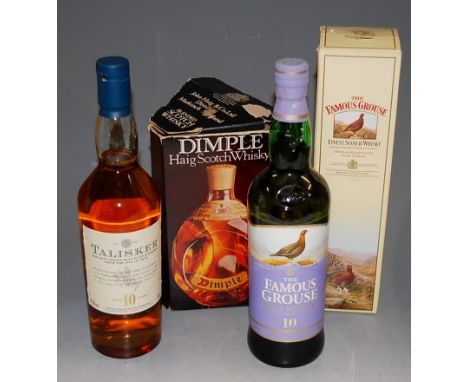 Talisker aged 10 years single malt Scotch Whisky, 70cl, 45.8%, one bottle; The Famous Grouse whisky, 70cl, 40%, one bottle in