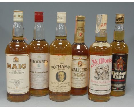 Walker's Deluxe straight Bourbon Whisky, 75cl, one bottle; Highland Laird Scotch Whisky, 70cl, 30%, one bottle; Ye Monks Whis