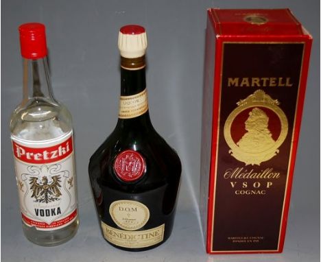 Martell Medaillon VSOP cognac, one bottle in carton; Benedictine Liqueur, one bottle; Pretzki vodka, one bottle; Mario Brizar