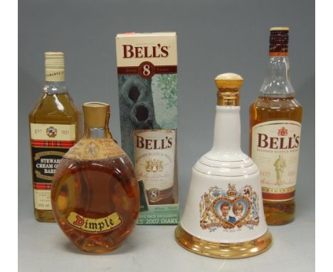 Bell's Scotch Whisky, one litre, 40%, one bottle; one other in carton, 70cl, 40%; and a Wade commemorative Bell's decanter, 7