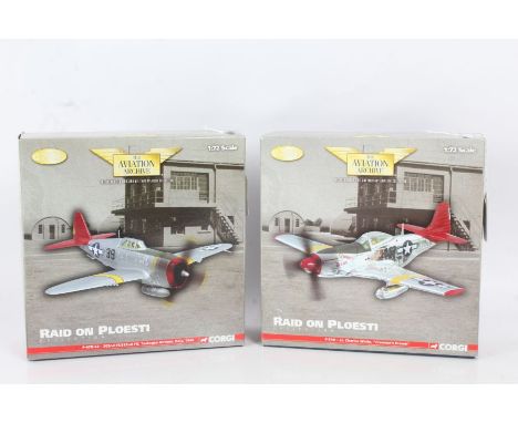 Corgi 'Raid on Ploesti' P-51D "Creamer's Dream", and P-47D-22 "Tuskegee Airmen, Italy 1944", each 1:72 scale, boxed (2)