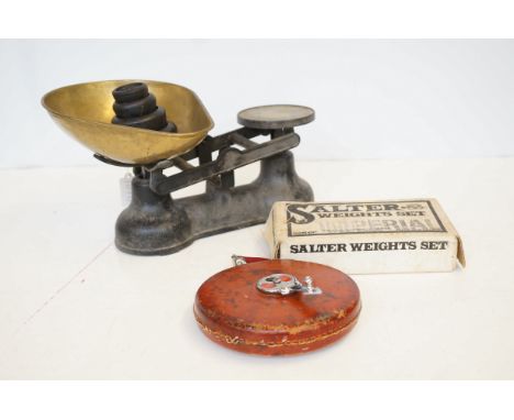 Salter scales & weights together with a vintage tap measure 