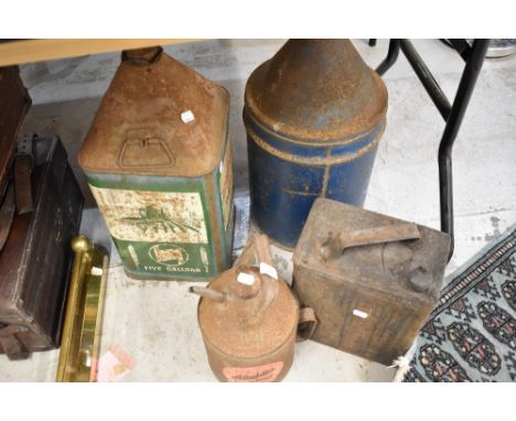 Four vintage oil of fuel cans including Agricastrol, Aladdin Shell and similar