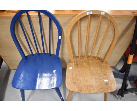 Two vintage Ercol hoop and stick back kitchen chairs, one having been over painted in blue