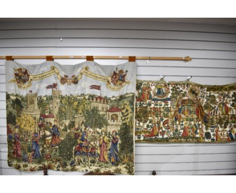 A large vintage tapestry style wall hanging being hand dyed with a medieval court and castle scene and another similar