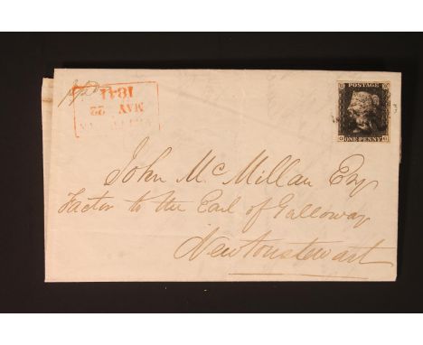 GREAT BRITAIN GB Queen Victoria QV 1d penny black postage stamp OG four margins, tied on cover with black Maltese Cross MC, a