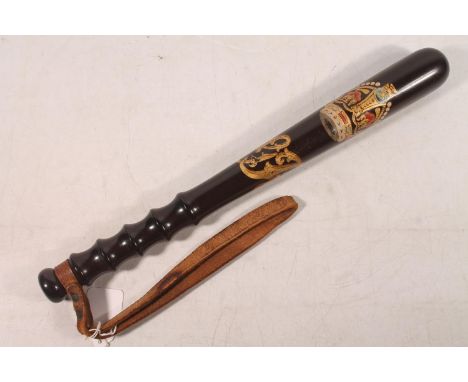 George V Standard pattern police truncheon, the body painted with crowned GR cypher, the leather strap stamped with makers ma