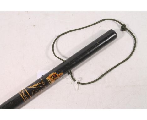 Edinburgh Police interest, a Victorian long stave truncheon, the blackened body with painted crowned VR cypher above two gold
